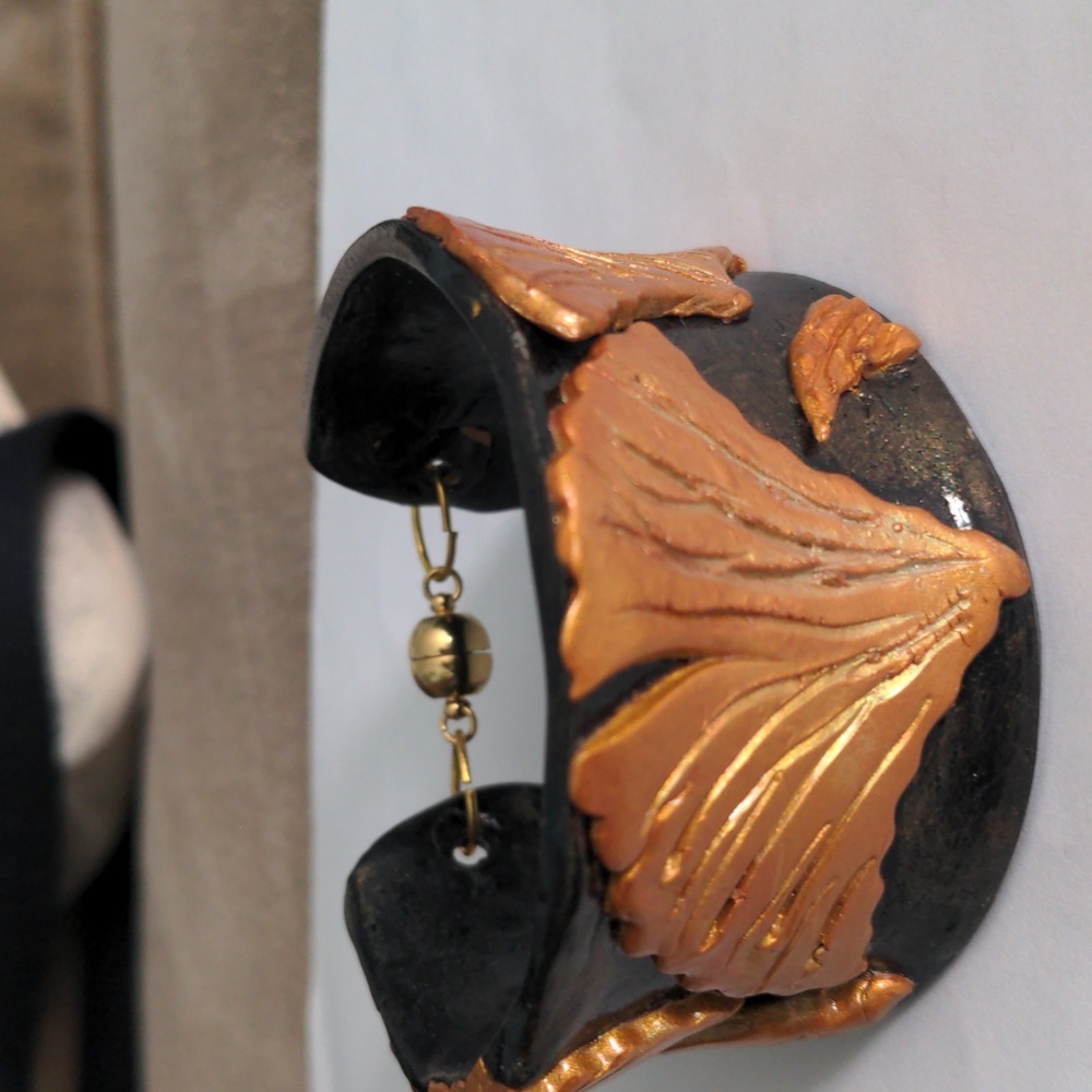 Black & Gold Ginkgo Leaf Cuff Bracelet, New, Magnetic Clasp, Artisan